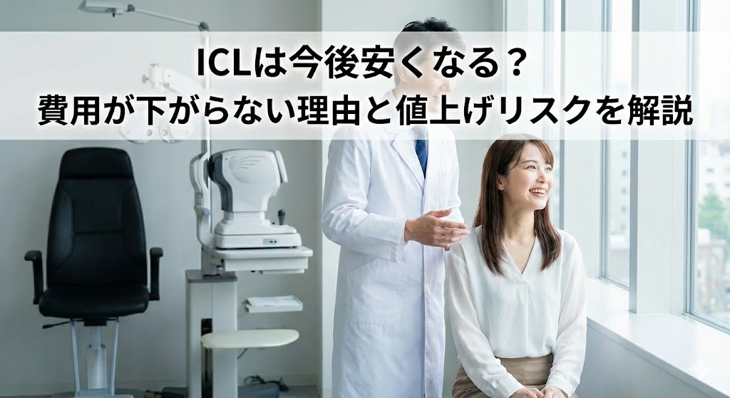 眼科クリニックで医師からICL手術の説明を受ける女性の様子。ICLは今後安くなるのか、費用が下がらない理由や値上げリスクを解説する記事のアイキャッチ画像。
