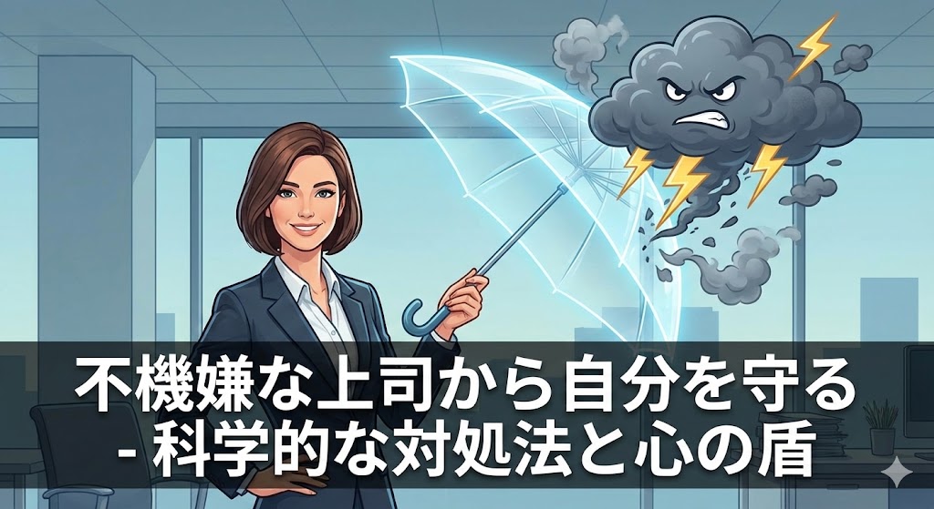 不機嫌な上司の感情から距離を取り、自分の心を守るための心理的対処をイメージしたイラスト
