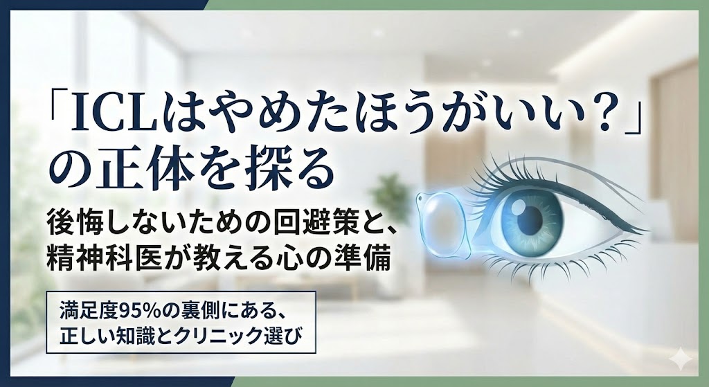ICLはやめたほうがいいのかを解説するアイキャッチ画像。眼内コンタクトレンズの仕組みと後悔を防ぐ考え方を示す