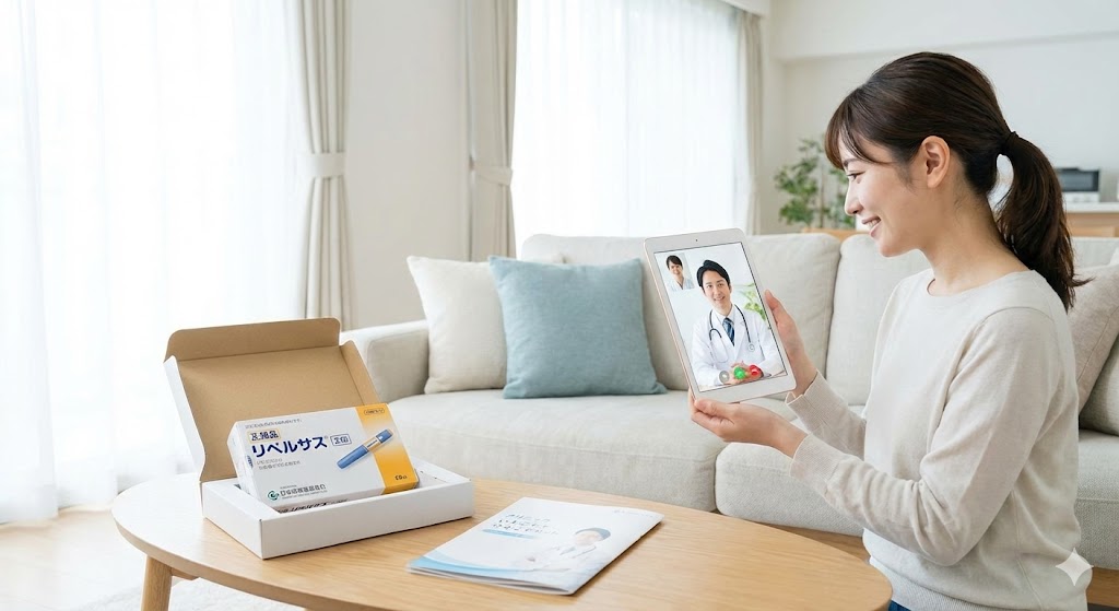 自宅でタブレットを使って医師のオンライン診療を受け、届いたばかりの正規品リベルサスを確認する女性。