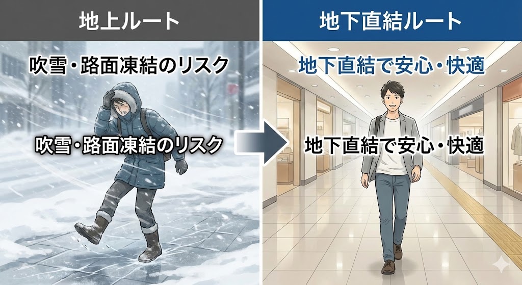 冬の札幌における地上ルートと地下直結ルートの通院環境を比較したイラスト。左側は吹雪の中、凍結した路面を辛そうに歩く様子。右側は明るく快適な地下歩行空間を歩く様子。「吹雪・路面凍結のリスク」と「地下直結で安心・快適」の対比。