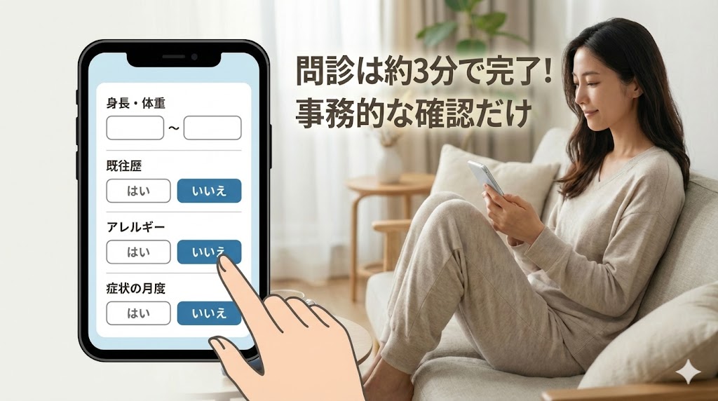 オンライン問診が簡単で事務的であることを示すイラスト。スマートフォンの画面に「身長・体重」「既往歴」「アレルギー」といった項目と「はい/いいえ」ボタンが表示され、女性の指が「いいえ」をタップしている。「問診は約3分で完了！事務的な確認だけ」というテキストが添えられている。