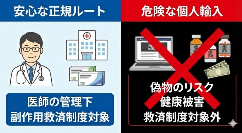 安全な医療機関からの処方と、偽造薬や健康被害のリスクがある危険な個人輸入・格安代行の実態を対比した警告イメージ。