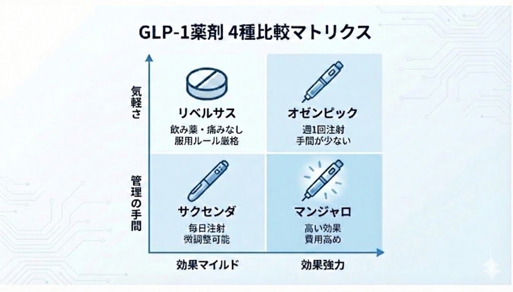 リベルサス・オゼンピック・サクセンダ・マンジャロの4種類のGLP-1薬を、手軽さ・管理の手間・効果の強さで比較したマトリクス図