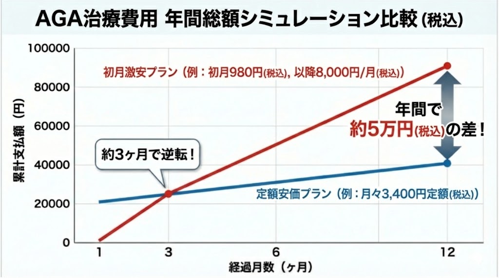 AGA治療費用の年間総額シミュレーション比較グラフ。初月激安プランと定額プランの12ヶ月後の支払額の差