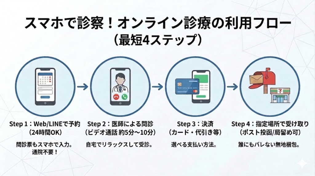スマホで完結するオンライン診療の流れ：予約から電話診察、プライバシー配送での受け取りまで
