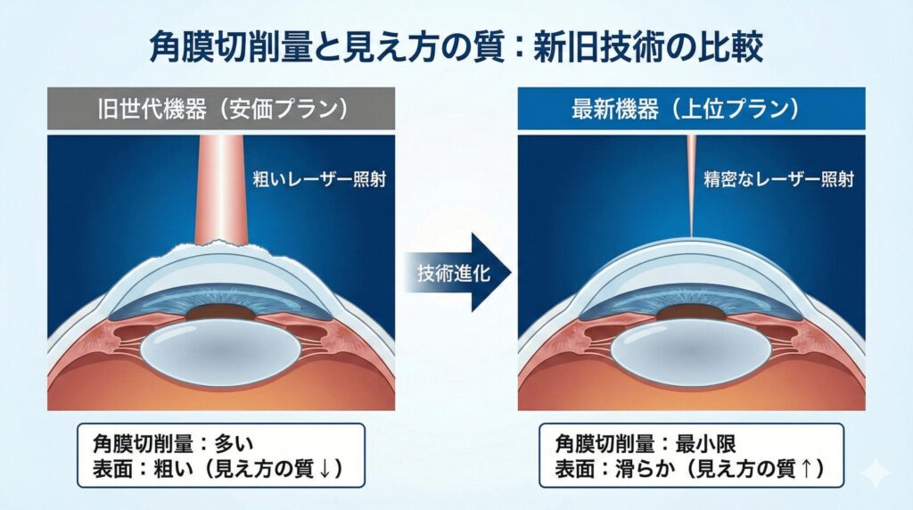 レーシック手術における最新レーザーの照射精度と角膜切削量のイメージ