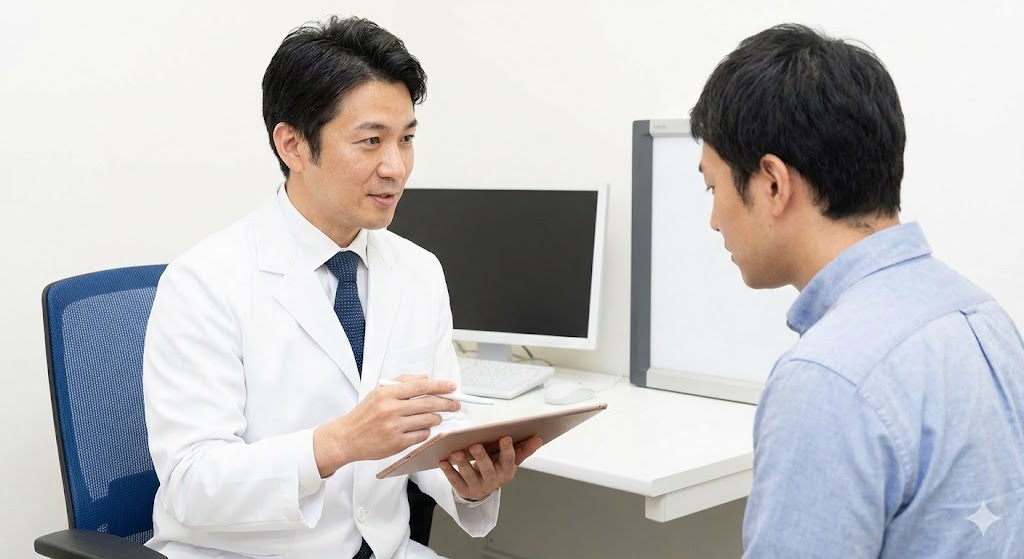 白衣を着た医師がタブレットを使いながら、男性患者に診察・説明を行っている様子。
