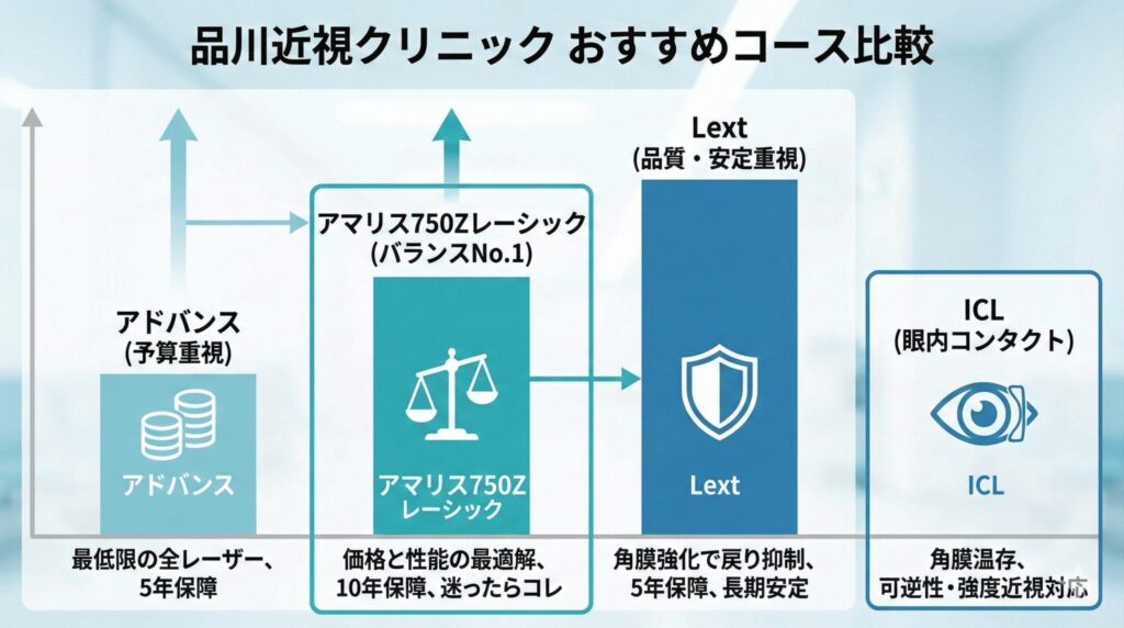 品川近視クリニックのレーシックおすすめコース比較図（アマリス750Z・Lext・ICLの選び方チャート）