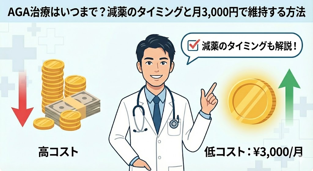 AGA治療の期間と減薬のタイミング、月3,000円で維持する方法を解説する、医師のイラスト入りアイキャッチ。
