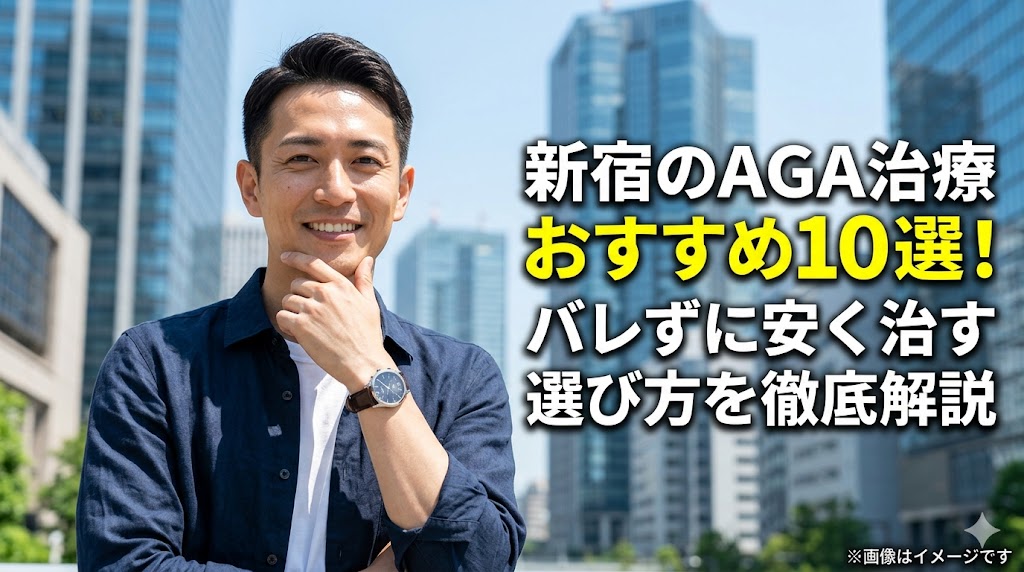 新宿のAGA治療おすすめ10選を解説するアイキャッチ画像。新宿のビル群を背景に、清潔感のある30代男性が微笑むビジュアル。「新宿のAGA治療おすすめ10選！バレずに安く治す選び方を徹底解説」というタイトルテキスト。