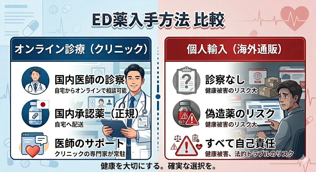 ED薬入手方法の比較。左側はオンライン診療（クリニック）のメリットとして国内医師の診察、国内承認薬の配送、専門家のサポートを記載。右側は個人輸入（海外通販）のリスクとして、診察なしの自己判断、偽造薬、健康被害や法的トラブルの自己責任を強調