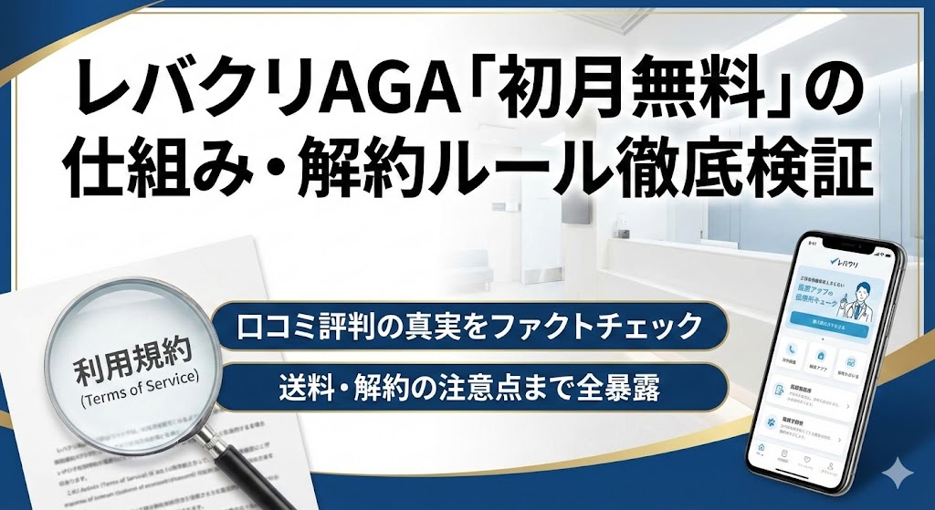 レバクリAGAの初月無料キャンペーンの仕組みと、送料・解約ルールを事実ベースで検証する内容を示したアイキャッチ画像
