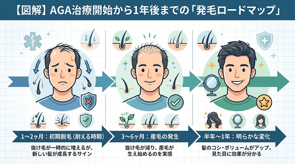 AGA治療開始から1年後までの発毛ロードマップ（初期脱毛から産毛、見た目の変化までの推移）