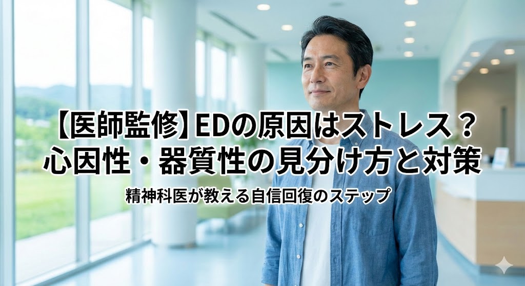【医師監修】EDの原因はストレス？心因性・器質性の見分け方と対策をテーマにしたアイキャッチ画像。落ち着いた表情の中年男性と「精神科医が教える自信回復のステップ」という見出しが配置されている。