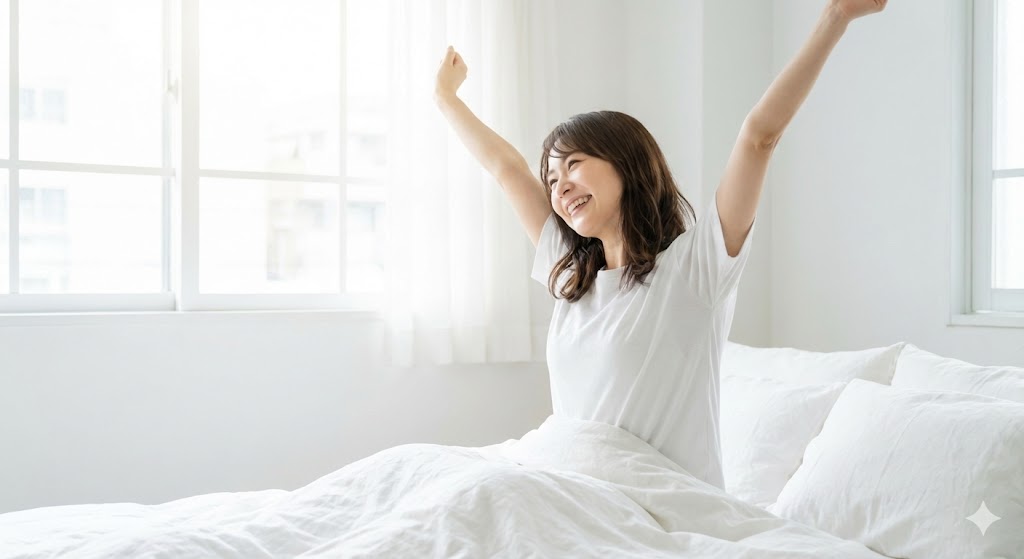 嫌な夢を見ずに目覚め、朝すっきり起き上がる女性のイメージ