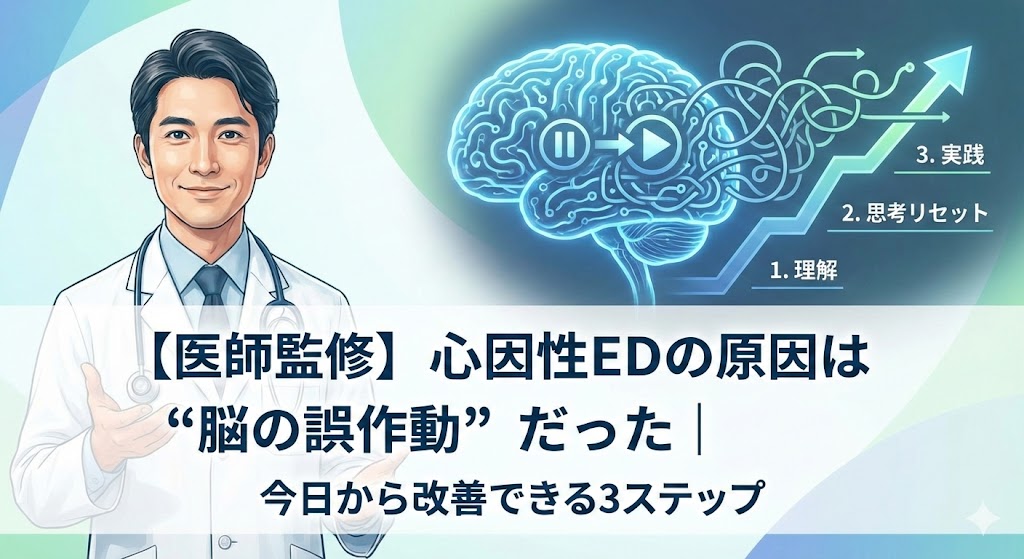 【医師監修】心因性EDの原因「脳の誤作動」と改善に向けた3ステップを解説する記事のアイキャッチ画像。笑顔の医師と脳の再起動をイメージしたイラストが描かれています。