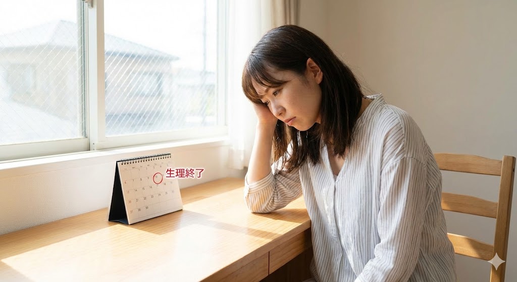 生理終了後も続く不調に悩む女性のイメージ写真。机に座り、頭を押さえて疲労感を感じている様子