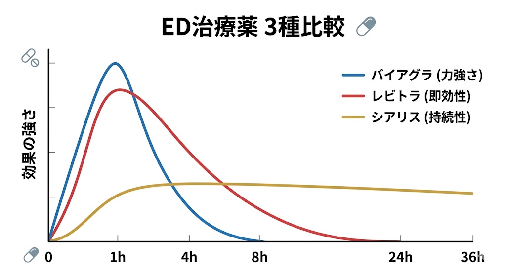 ED治療薬3種の比較グラフ。1時間で最大効果を発揮するバイアグラ（力強さ）、立ち上がりが早いレビトラ（即効性）、最長36時間効果が続くシアリス（持続性）の推移を記した折れ線グラフ