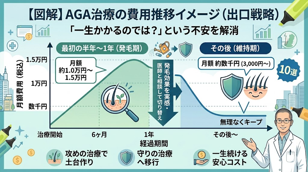 AGA治療の費用推移イメージ（発毛期から維持期への切り替えによる月額コストの低下）