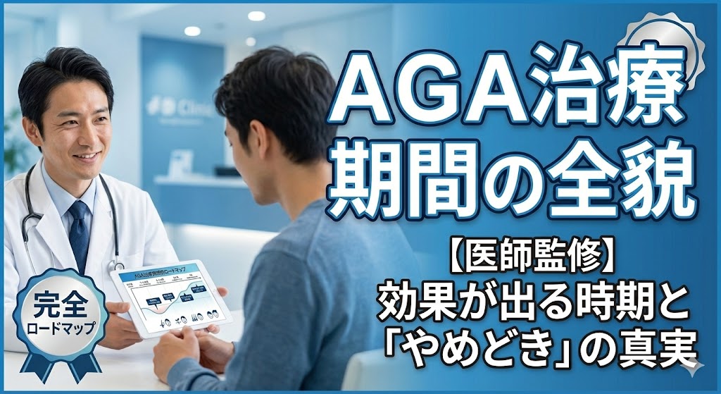 AGA治療期間の全貌を解説する記事のアイキャッチ。医師が男性患者にタブレットで治療ロードマップを説明している様子。テキストで「効果が出る時期とやめどきの真実」と記載。
