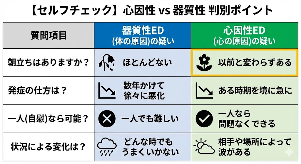 心因性EDと器質性EDを見分けるセルフチェック表。朝立ちの有無、発症の仕方、自慰時の可否、状況による変化などの質問項目を比較し、心の原因か体の原因かを判別できる内容。