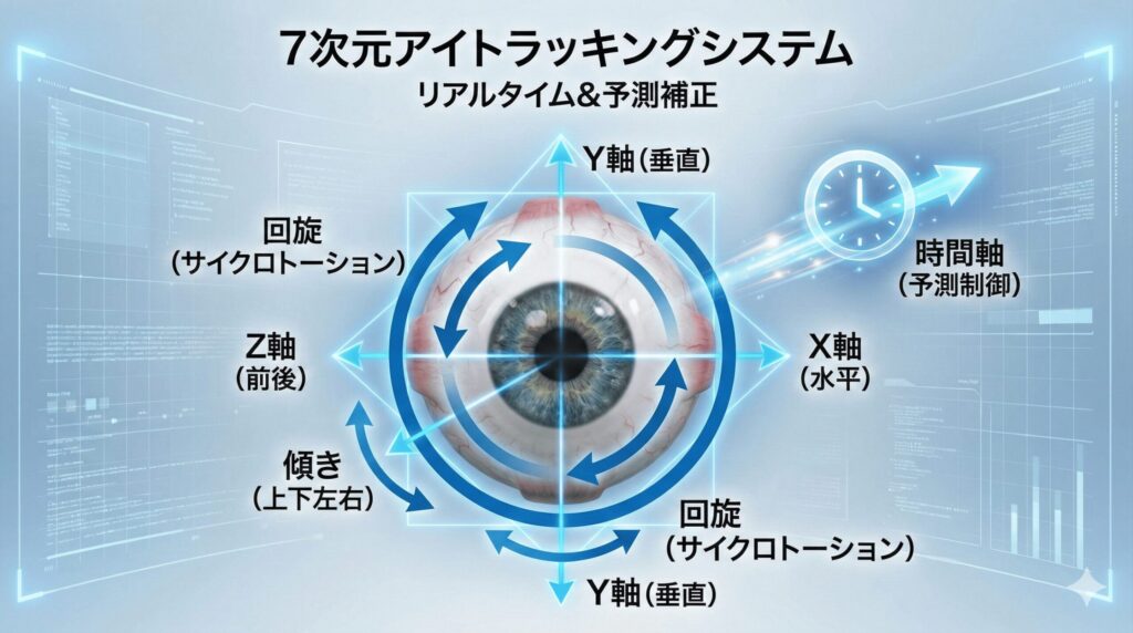 アマリス750Zの7次元アイトラッキングシステム図解：眼球の回旋や傾き、時間軸の動きを補正する仕組み