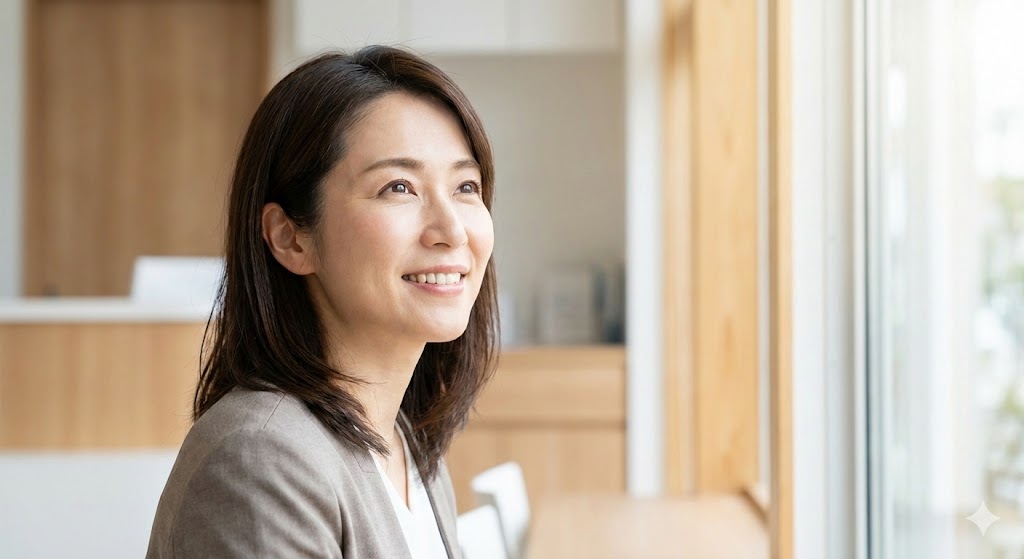 明るい院内で自然光を浴びながら微笑む女性。落ち着いた雰囲気の眼科クリニックをイメージした写真