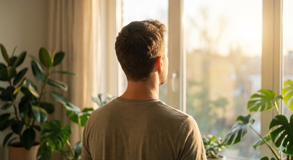 ストレスによる抜け毛に悩む男性の後ろ姿。心身の回復と前向きな再スタートをイメージしたビジュアル。