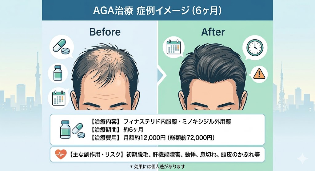 実際にAGAクリニックで治療（内服薬＋外用薬）を開始し、半年経過した際の一般的な変化のイメージ