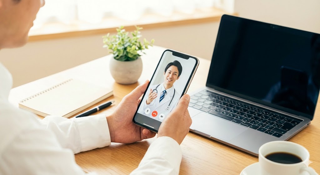 スマホのビデオ通話で医師の診察を受けている男性の手元。自宅でリラックスして受診できるEDオンライン診療のイメージ