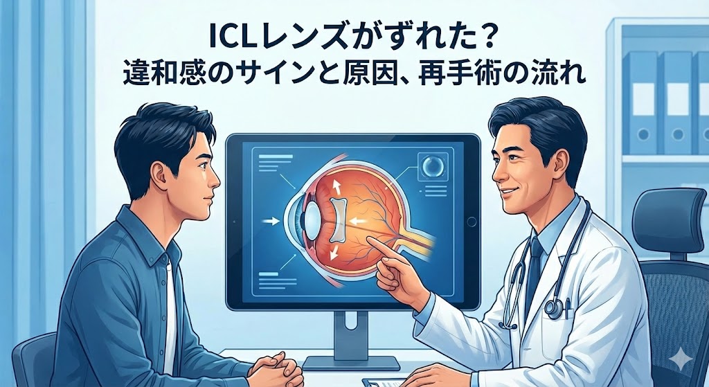 ICLレンズがずれた可能性について医師が説明しているイメージ。違和感の原因や再調整について解説する記事のアイキャッチ。