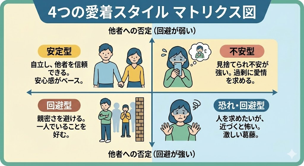 「他者への肯定（回避の強弱）」と「自分への肯定（不安の強弱）」を軸にした、4つの愛着スタイルの分類とそれぞれの特徴を示したマトリクス図です。