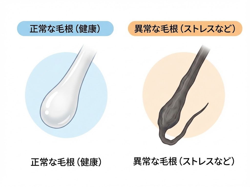 健康な毛根とストレスなどで異常が起きた毛根の比較図。正常な毛根は丸く膨らみ、異常な毛根は細く黒ずんでいる状態を示す。