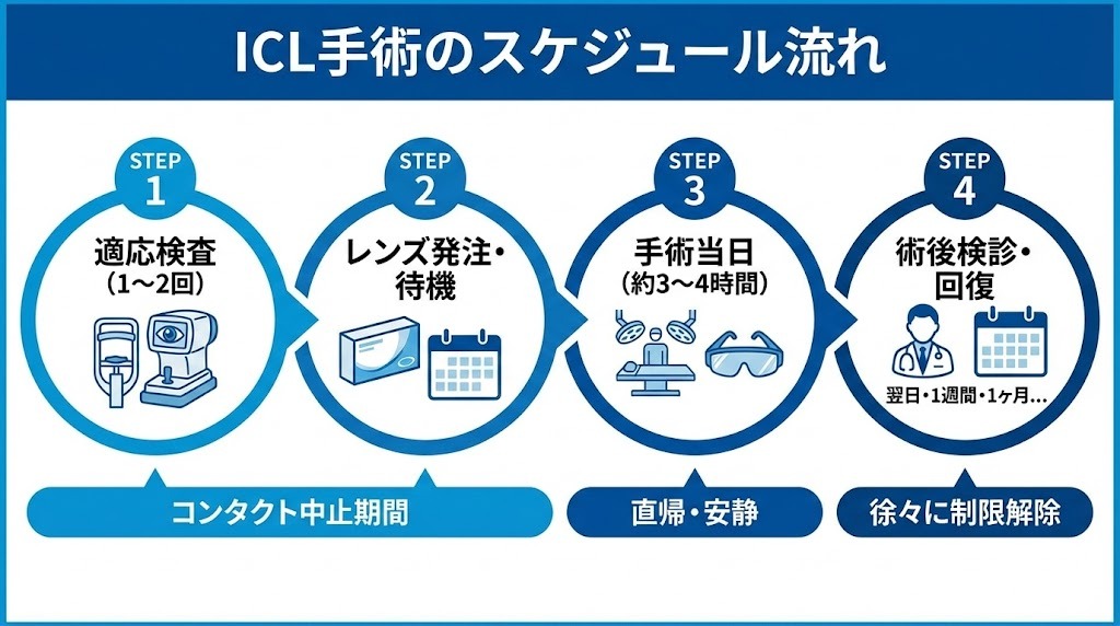 ICL手術の全体的なスケジュールの流れを示すフローチャート図。適応検査（コンタクトレンズ中止期間含む）、レンズ発注・待機期間、手術当日の流れ、そして術後検診と回復のステップを時系列で分かりやすく図解したもの。