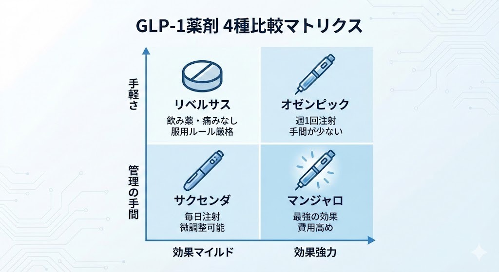リベルサス・オゼンピック・サクセンダ・マンジャロの4種類のGLP-1薬を、手軽さ・管理の手間・効果の強さで比較したマトリクス図