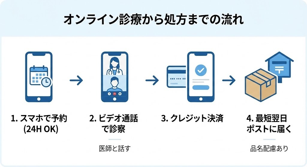 スマホで予約から診察、クレジット決済、薬の自宅配送まで完結するGLP-1オンライン診療の流れを示した図
