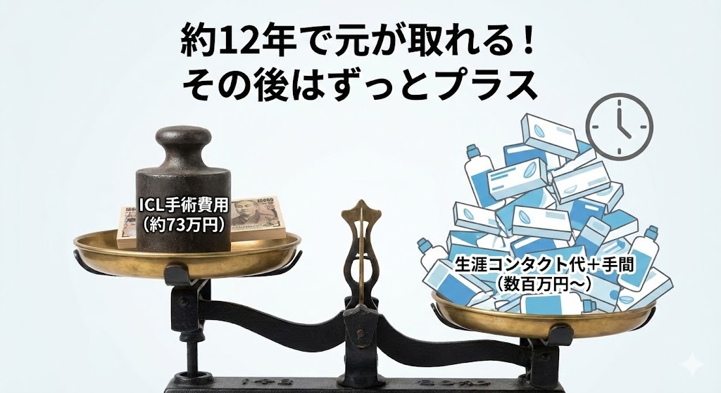 ICL手術費用とコンタクトレンズ生涯コストを比較する天秤のインフォグラフィック