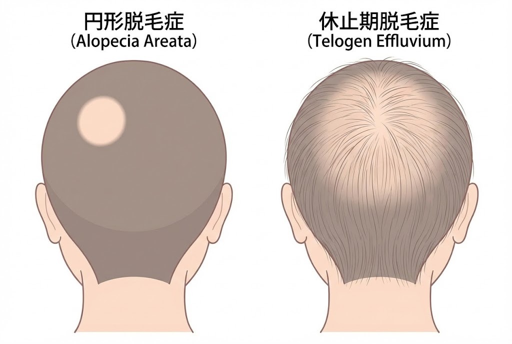 円形脱毛症と休止期脱毛症の違いを比較した図。円形脱毛症は境界のはっきりした脱毛斑、休止期脱毛症は頭部全体のボリューム低下が特徴。