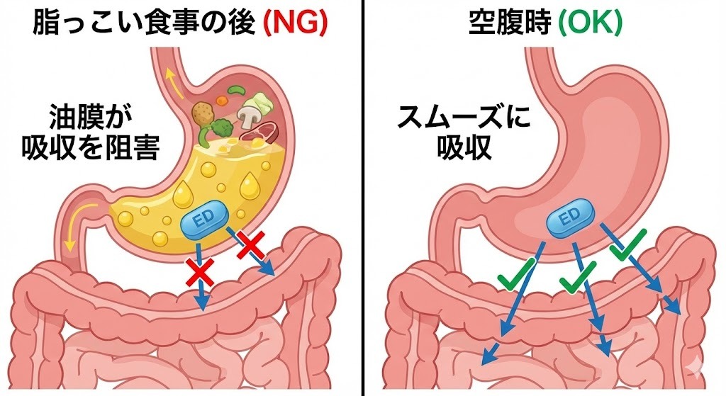 脂っこい食事の後は油膜が薬の吸収を阻害するが、空腹時はスムーズに吸収されることを示す比較イラスト。
