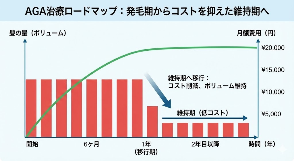 縦軸にボリュームと費用、横軸に時間を取ったグラフ。開始から1年でボリューム（緑色の線）が増え、同時に高かった月額費用（赤色の棒）が1年目の「移行期」を経て、2年目以降は低いコスト（短い赤色の棒）で維持される計画を示している。