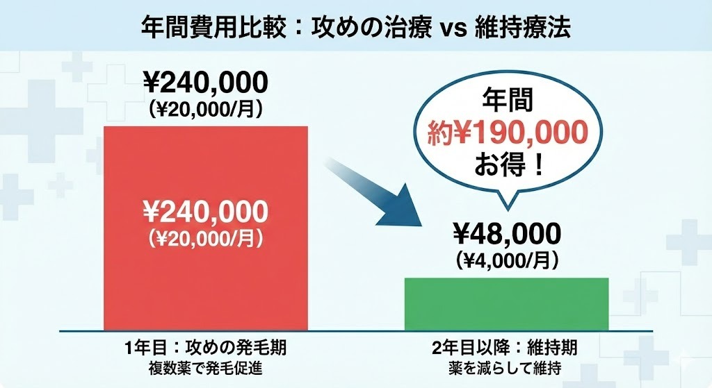 1年目の年間24万円（赤色の高い棒）に対し、2年目以降は年間4.8万円（緑色の低い棒）になり、「年間約19万円お得！」と強調するコストシミュレーション図。