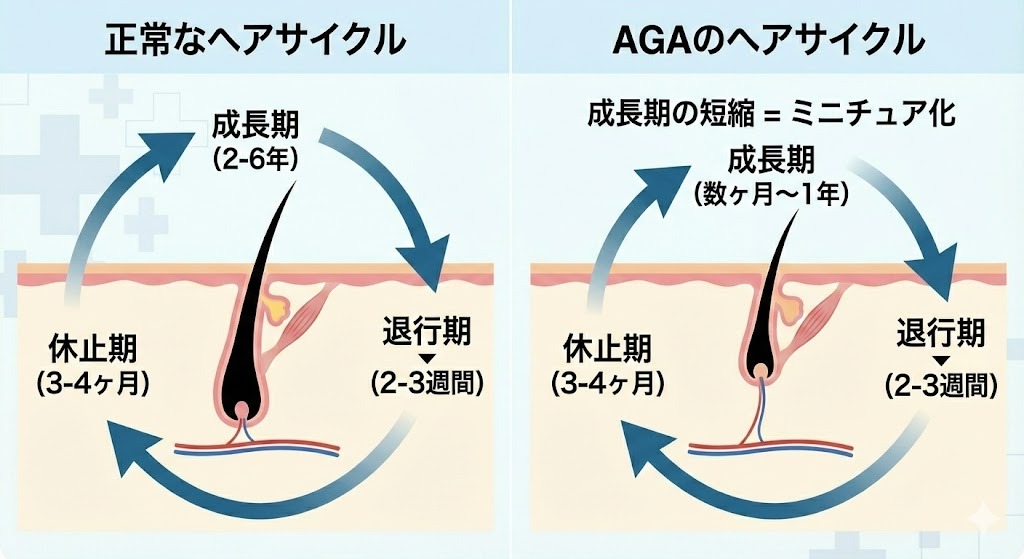成長期・退行期・休止期のサイクルを図解。正常な成長期は2〜6年だが、AGAでは数ヶ月〜1年に短縮され、毛包が浅く小さくなる「ミニチュア化」が起こる様子を対比させている。