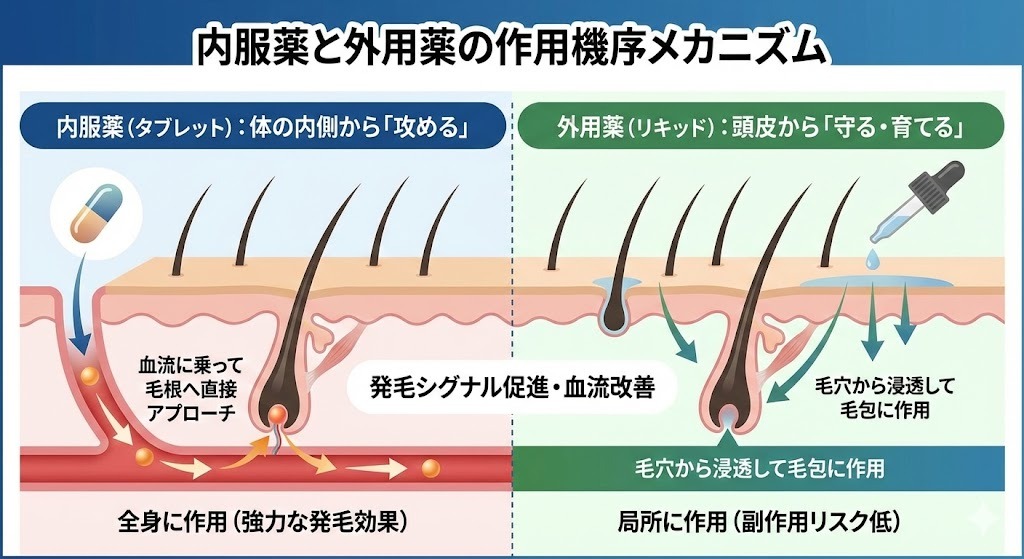 ミノキシジルの内服薬（タブレット）と外用薬（リキッド）の作用メカニズムの図解。内服薬は血流に乗って毛根へ直接アプローチし、全身に作用する強力な発毛効果が特徴です。外用薬は頭皮の毛穴から浸透して毛包に作用し、発毛シグナル促進や血流改善を局所的に行い、副作用リスクが低いのが特徴です。