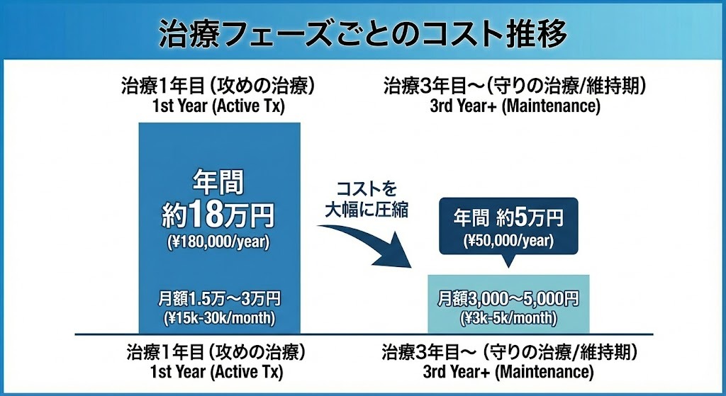 AGA治療のフェーズ別コスト推移の比較図。1年目の「攻めの治療」は月額1.5万〜3万円（年間約18万円）。3年目以降の「守りの治療・維持期」は減薬により月額3,000〜5,000円（年間約5万円）まで大幅にコストを抑えられることを示すバナー。