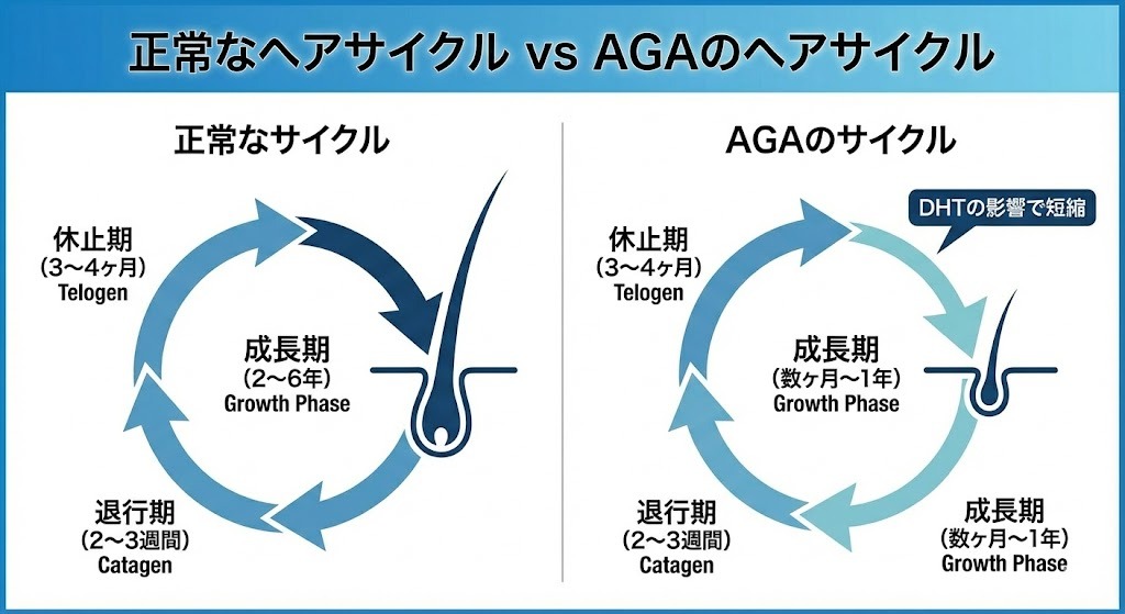 正常なヘアサイクルとAGAのヘアサイクルの比較図。正常なサイクルでは成長期が2〜6年あるのに対し、AGAの状態ではDHTの影響で成長期が数ヶ月〜1年に短縮され、髪が十分に育たなくなるメカニズムを説明。