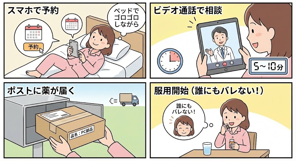 オンライン診療のステップ解説。ベッドでスマホ予約、5〜10分のビデオ通話相談、品名「PC部品」としてポストに届く薬、誰にもバレずに服用開始できるメリットを表現。