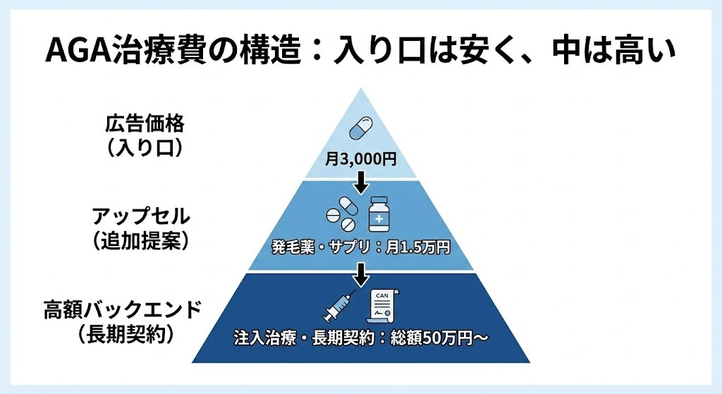 AGA治療費の仕組みを解説する図。入り口（広告価格）は月3,000円、アップセル（追加提案）は月1.5万円、高額バックエンド（注入治療等）は総額50万円〜という、段階的に費用が上がる構造の解説。