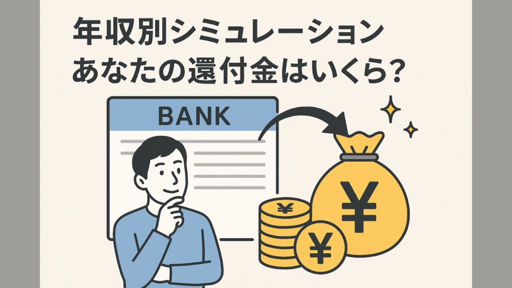 「年収別シミュレーション あなたの還付金はいくら？」のテキスト。銀行口座を背景に、男性がいくら戻ってくるか考えている様子と、お金が入った袋のイラスト。