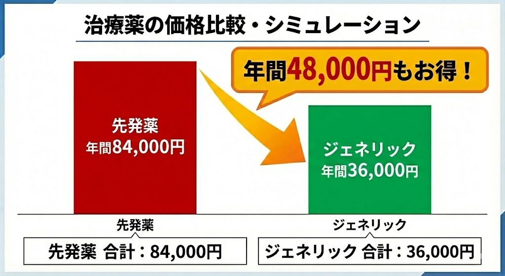 AGA治療薬の費用シミュレーション。先発薬（年間84,000円）とジェネリック（年間36,000円）を比較し、ジェネリックを選ぶことで年間48,000円お得になることを示す棒グラフ。